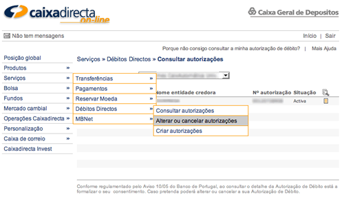 Alterar ou cancelar débito directo