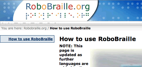 Menu imperceptível do site RoboBraille