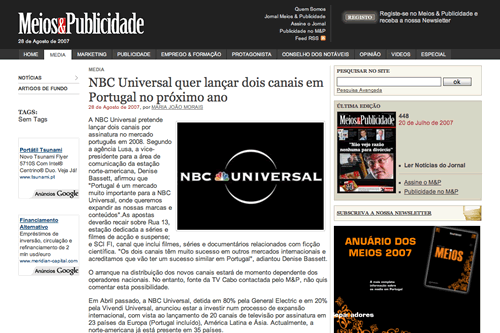 Meios e Publicidade - página de notícia
