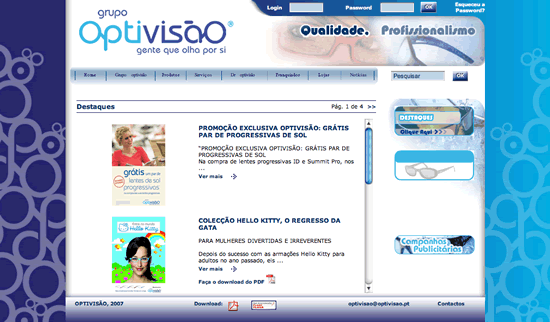 Website da Optivisão com menu minúsculo