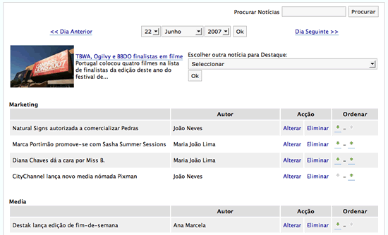 Ordenação de Notícias e selecção da Notícia de Destaque