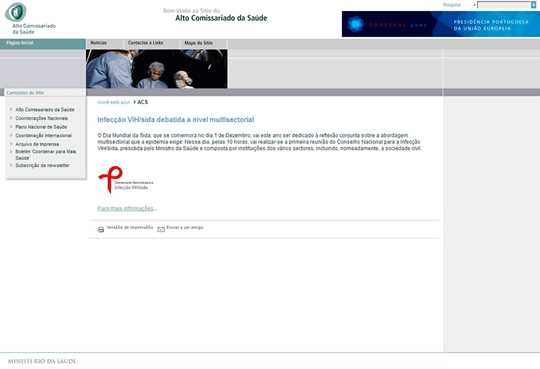 Antiga versão do website do Alto Comissariado da Saúde