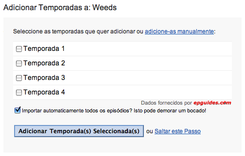 adicionar temporadas Selecção das temporadas a adicionar
